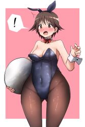 Rule 34 | 1girl, animal ears, black leotard, blush, bow, bowtie, breasts, brown eyes, brown hair, brown pantyhose, cleavage, covered navel, fake animal ears, highres, leotard, miyafuji yoshika, open mouth, pantyhose, playboy bunny, rabbit ears, red bow, red bowtie, short hair, small breasts, solo, strike witches, world witches series, yohijikon