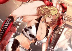 Rule 34 | 2girls, abs, animal print, blonde hair, boots, breasts, carrying, carrying over shoulder, chaps, cleavage, cow print, dixie clemets, gloves, hinomoto reiko, large breasts, long hair, multiple girls, muscular, muscular female, one eye closed, panties, rumble roses, ryona, submission hold, sweat, nervous sweating, tobisawa, toned, underwear, vest, wrestling, wrestling outfit