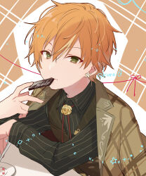 Rule 34 | 1boy, black shirt, brown hair, brown jacket, brown vest, collared shirt, green eyes, hair between eyes, jacket, jacket on shoulders, kuroi (liar-player), long sleeves, male focus, multicolored hair, outline, project sekai, puffy long sleeves, puffy sleeves, shinonome akito, shirt, solo, star (symbol), streaked hair, striped clothes, striped shirt, twitter username, upper body, vertical-striped clothes, vertical-striped shirt, vest, white outline