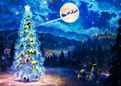 Rule 34 | castle, christmas, christmas ornaments, christmas tree, city lights, cloud, cloudy sky, commentary request, forest, from behind, kun52, mountain, nature, night, night sky, no humans, original, outdoors, reindeer, santa claus, scenery, sky, snow, snowflakes, snowing, snowman, star (sky), starry sky, winter