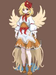 Rule 34 | 1girl, animal, animal on head, ascot, bird, bird on head, bird tail, bird wings, blonde hair, brown background, brown footwear, dress, earrings, feathered wings, frilled dress, frills, full body, highres, jewelry, long sleeves, multicolored clothes, nito2230, niwatari kutaka, on head, pixel art, puffy long sleeves, puffy sleeves, red ascot, red eyes, red hair, short hair, solo, tail, touhou, wings