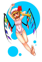 Rule 34 | 1girl, barefoot, blonde hair, cameltoe, embodiment of scarlet devil, fang, feet, female focus, flandre scarlet, hat, highres, kitayuki kajika, one-piece swimsuit, open mouth, red eyes, school swimsuit, side ponytail, simple background, solo, swimsuit, touhou, white one-piece swimsuit, wings
