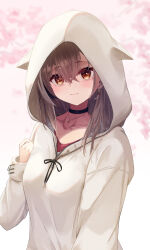 Rule 34 | 1girl, ahoge, animal hood, arm up, berry, black choker, blush, brown eyes, brown hair, cherry blossoms, choker, earrings, ears through headwear, embarrassed, food-themed earrings, harurunoe, hololive, hololive english, hood, hood up, hoodie, jewelry, long hair, looking at viewer, multicolored hair, nanashi mumei, nanashi mumei (casual), necklace, official alternate costume, oversized clothes, red shirt, runes, shirt, sleeves past wrists, streaked hair, sweater, virtual youtuber, white hoodie, white sweater