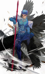 Rule 34 | 1boy, blue hair, cu chulainn (fate), fate/stay night, fate (series), feathers, gae bolg (fate), cu chulainn (fate/stay night), male focus, polearm, ponytail, red eyes, sknana, solo, spear, weapon, wind, wings