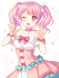 Rule 34 | ;d, bang dream!, bare shoulders, blush, bow, center frills, choker, collarbone, commentary request, detached sleeves, dress, frilled dress, frills, hair ribbon, hands up, looking at viewer, maruyama aya, one eye closed, open mouth, pink bow, pink choker, pink eyes, pink hair, ribbon, shatiko, sidelocks, smile, solo, sparkle, star (symbol), strapless, strapless dress, teeth, twintails, upper teeth only, white ribbon, wrist bow