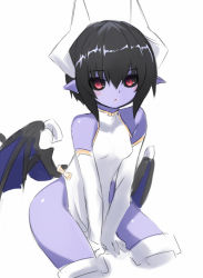 Rule 34 | 1girl, bare shoulders, black hair, black sclera, blush, breasts, china dress, chinese clothes, colored sclera, colored skin, demon girl, demon wings, dress, female focus, hair between eyes, horns, karukan (monjya), light blush, looking at viewer, open mouth, pointy ears, purple skin, red eyes, seizaverus, shinrabanshou, shiny skin, short hair, side slit, simple background, sleeveless, sleeveless dress, small breasts, solo, thighhighs, v arms, white background, white dress, white thighhighs, wings