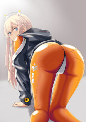 Rule 34 | 1girl, absurdres, all fours, ass, ass focus, blonde hair, blue eyes, blush, bodysuit, cameltoe, embarrassed, from behind, goddess of victory: nikke, headgear, highres, huge ass, jacket, long hair, looking at viewer, looking back, ramiki (ramesgoag), skin tight, solo, top-down bottom-up, tove (nikke), very long hair