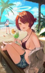 Rule 34 | 2girls, :d, absurdres, arknights, beach, bikini, bikini top only, black bikini, blue eyes, blue hair, blue sky, breasts, cleavage, cup, denim, denim shorts, detached wings, drinking glass, exusiai (arknights), fa2 (etu831), halo, highres, holding, holding cup, jacket, long hair, medium breasts, mostima (arknights), multiple girls, off shoulder, open mouth, orange eyes, red hair, shirt, short hair, shorts, signature, sky, smile, swimsuit, white jacket, white shirt, wings