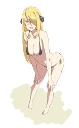 Rule 34 | 1girl, :d, bad id, bad pixiv id, bikini, black bikini, blonde hair, breasts, brown eyes, covered erect nipples, creatures (company), cynthia (pokemon), full body, game freak, hair ornament, hair over one eye, hair ribbon, hip focus, large breasts, leaning forward, looking at viewer, navel, nintendo, open mouth, pokemon, ribbon, simple background, smile, solo, standing, stomach, swimsuit, white background, wigglytuff (pokeacc)
