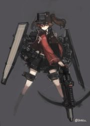 Rule 34 | 10s, 1girl, alternate weapon, bow (weapon), brown eyes, brown hair, crossbow, flight deck, grey background, highres, kantai collection, ryuujou (kancolle), solo, sumisu (mondo), twintails, twitter username, visor cap, weapon