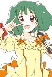 Rule 34 | 1girl, :d, blush, bow, green hair, highres, holding, holding microphone, looking at viewer, m/, macross, macross frontier, microphone, namori, open mouth, orange bow, ranka lee, red eyes, short hair, simple background, smile, solo, thighhighs, white background