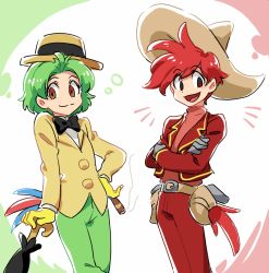 Rule 34 | 2boys, bird tail, brown eyes, cigar, crossed arms, disney, gloves, green hair, grey gloves, hat, holster, jose carioca, male focus, multiple boys, panchito pistoles, personification, red hair, smile, sombrero, the three caballeros, tomatok0, umbrella, yellow gloves