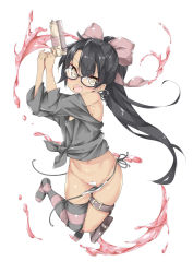 Rule 34 | 1girl, arms up, bad id, bad twitter id, bare shoulders, belt, black-framed eyewear, black hair, black panties, blush, bow, breasts, dark-skinned female, dark skin, ebifurya, eyebrows, fang, full body, glasses, gluteal fold, groin, gun, hair bow, highres, holding, inactive account, liquid, long hair, looking at viewer, maebari, navel, no shoes, open mouth, original, panties, pink bow, ponytail, shadow, side-tie panties, simple background, small breasts, solo, stomach, striped clothes, striped thighhighs, thigh gap, thighhighs, underwear, untied panties, wardrobe malfunction, water gun, weapon, white background, yellow eyes