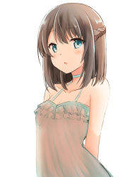 Rule 34 | 1girl, absurdres, bare shoulders, blue eyes, blush, braid, breasts, brown hair, cleavage, collarbone, commentary request, dress, hair between eyes, highres, long hair, looking at viewer, medium breasts, original, parted lips, shibakame, simple background, sleeveless, sleeveless dress, solo, white background, white dress