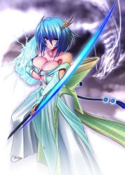 Rule 34 | 1girl, bare shoulders, breasts, dragon, gradient background, large breasts, lightning, mo-frederick, sword, tagme, weapon