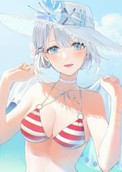 Rule 34 | 1girl, bare arms, bare shoulders, bikini, blue eyes, blush, breasts, choker, cleavage, cloud, collarbone, criss-cross halter, flower, hair ornament, hairclip, halterneck, hat, hat flower, highres, holding, looking at viewer, magako, medium breasts, multi-strapped bikini, o-ring, o-ring top, ocean, official art, open mouth, sarong, short hair, sidelocks, siesta (tantei wa mou shindeiru), sky, smile, solo, stomach, string bikini, striped bikini, striped clothes, sun hat, swimsuit, tantei wa mou shindeiru, unworn sarong, upper body, white choker, white flower, white hair, white hat, white sarong, x hair ornament