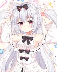 Rule 34 | 1girl, ahoge, animal ear fluff, animal ears, armpits, arms up, azur lane, bare shoulders, bow, bowtie, bunching hair, cat ears, closed mouth, commentary request, detached sleeves, dress, frilled dress, frills, hair bow, highres, kana (kuaua), long hair, long sleeves, looking at viewer, official alternate costume, smile, solo, two side up, upper body, white dress, white hair, yukikaze (azur lane), yukikaze (sovereign of the swing) (azur lane)
