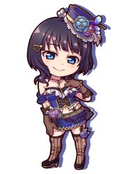 Rule 34 | 1girl, asaka karin, black gloves, black hair, blue eyes, blue hat, blue skirt, blush, breasts, chibi, closed mouth, cross-laced clothes, cross-laced top, flower, garter straps, gloves, hair ornament, hairclip, hat, hat flower, high heels, highres, jewelry, lace, lace-trimmed gloves, lace trim, looking at viewer, love live!, love live! nijigasaki high school idol club, medium breasts, miloku, miniskirt, mole, mole on collarbone, necklace, short hair, simple background, skirt, smile, solo, starlight (love live!), strapless, striped clothes, striped thighhighs, suspenders, thighhighs, tilted headwear, tube top, vertical-striped clothes, vertical-striped thighhighs, white background