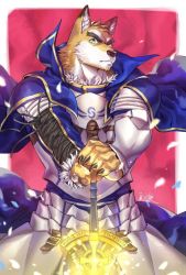 Rule 34 | 1boy, animal ear fluff, animal ears, armor, arthur pendragon (fate), bara, blonde hair, blue cape, breastplate, cape, collared cape, cowboy shot, dog boy, dog ears, excalibur (fate/prototype), fate/prototype, fate (series), forked eyebrows, furrification, furry, furry male, glowing, glowing weapon, green eyes, hood, male focus, orange fur, pauldrons, petals, planted, raised eyebrow, short hair, shoulder armor, solo, thick eyebrows, weapon, wind, wind lift, xiawenjie