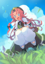Rule 34 | 1girl, aqua eyes, bell, blue sky, braid, china dress, chinese clothes, cloud, crossed arms, day, dress, fang, grass, hat, hong meiling, long hair, morino hon, open mouth, pants, puffy short sleeves, puffy sleeves, red hair, scarlet devil mansion, shirt, short sleeves, sky, smile, solo, squatting, star (symbol), touhou, twin braids, very long hair