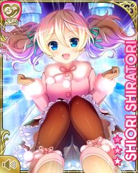 Rule 34 | 1girl, aqua eyes, blonde hair, bow, brown bow, card (medium), character name, coat, girlfriend (kari), gloves, ice sculpture, knees up, lights, official art, open mouth, outdoors, pantyhose, pink coat, qp:flapper, shiratori shiori, sliding, smile, snow, tagme, tree, twintails, wavy hair, winter clothes
