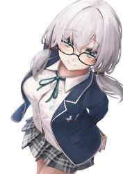 Rule 34 | 1girl, absurdres, ars almal, blazer, glasses, highres, jacket, low twintails, nijisanji, school uniform, smallpine 7, solo, twintails, virtual youtuber, white background