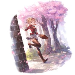 Rule 34 | 1girl, bag, belt, blonde hair, boots, bread, bread slice, brick wall, brown footwear, cherry blossoms, djeeta (granblue fantasy), dress, food, food in mouth, full body, granblue fantasy, hairband, holding, holding bag, looking at viewer, official alternate costume, official art, outdoors, pleated dress, running, school bag, school uniform, short hair, solo, thigh boots, thighhighs, transparent background, tree, white dress, yellow eyes