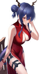 Rule 34 | 1girl, absurdres, angdo (kakajo26), arknights, bead bracelet, beads, bike shorts, blue hair, bracelet, breasts, ch&#039;en (ageless afterglow) (arknights), ch&#039;en (arknights), chair, china dress, chinese clothes, cleavage, cleavage cutout, clothing cutout, dragon horns, dragon tail, dress, gold bracelet, hair bun, has bad revision, has cropped revision, highres, holster, horns, jewelry, large breasts, official alternate costume, parted lips, red dress, red eyes, shorts under dress, side slit, simple background, solo, tail, thigh holster, thigh strap, thighs, white background