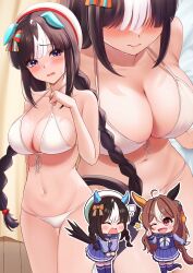 Rule 34 | 2girls, absurdres, ahoge, alternate costume, angry, animal ears, arugou, beret, bikini, black hair, blush, braid, breasts, chibi, closed eyes, collarbone, copano rickey (umamusume), curtains, fang, hat, highres, hokko tarumae (umamusume), horse ears, horse girl, horse tail, large breasts, long braid, looking at viewer, multiple girls, navel, one eye closed, open mouth, school uniform, sweat, swimsuit, tail, tracen school uniform, twin braids, umamusume