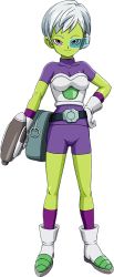 Rule 34 | 1girl, breasts, cheelai, colored skin, dragon ball, dragon ball super, dragon ball super broly, green skin, hand on own hip, looking at viewer, official art, purple eyes, scouter, smile, white hair