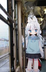 Rule 34 | 1girl, animal ear fluff, animal ears, black skirt, blue bow, blue eyes, blush, bow, closed mouth, collared shirt, commentary, feet out of frame, grey hair, hair ornament, hairclip, hand up, highres, long hair, long sleeves, looking at viewer, low twintails, nakkar, original, photo background, plaid, plaid bow, pleated skirt, puffy long sleeves, puffy sleeves, shirt, skirt, solo, standing, sweater vest, twintails, white shirt