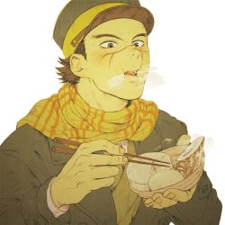Rule 34 | 1boy, black hair, breath, brown eyes, commentary request, eating, facial scar, fingernails, food, golden kamuy, grey jacket, hat, holding, holding food, jacket, kepi, long sleeves, looking down, male focus, military, military hat, military uniform, ngy09, scar, scar on cheek, scar on face, scar on mouth, scar on nose, scarf, short hair, simple background, solo, spiked hair, sugimoto saichi, two-tone headwear, uniform, upper body, white background, yellow scarf