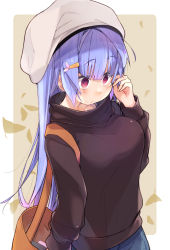 Rule 34 | 1girl, bag, blue hair, blush, breasts, female focus, gradient hair, hair ornament, hairclip, handbag, hat, highres, i-19 (kancolle), kantai collection, large breasts, long hair, long sleeves, multicolored hair, nervous, nervous smile, red eyes, salamander (hop-step), smile, solo, sweater, turtleneck
