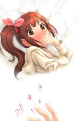 Rule 34 | 1girl, blush, bow, brown eyes, brown hair, covering own mouth, embarrassed, grey sweater, hair bow, highres, hood, hood down, hooded sweater, idolmaster, idolmaster cinderella girls, igarashi kyoko, long hair, long sleeves, looking at viewer, naharyou, pillow, pussy juice, pussy juice trail, red bow, side ponytail, solo, speech bubble, sweater, tears, upper body, white background