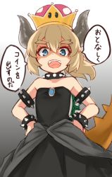 Rule 34 | 1girl, :d, aged down, armlet, bare shoulders, black dress, blonde hair, blue eyes, blue gemstone, bowsette, bracelet, brooch, collar, commentary request, cowboy shot, crown, dress, flat chest, gem, gradient background, grey background, hair between eyes, hands on own hips, horns, jewelry, looking at viewer, mario (series), new super mario bros. u deluxe, nintendo, open mouth, orihiro0614, parted bangs, ponytail, shaded face, simple background, sketch, smile, solo, spiked armlet, spiked bracelet, spiked collar, spikes, standing, super crown, teeth, thick eyebrows, translation request, upper teeth only, white background