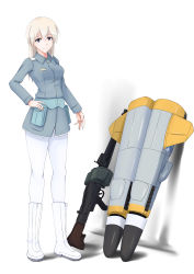 Rule 34 | 1girl, absurdres, blonde hair, blue jacket, boots, breasts, buttons, double-drum magazine, drum magazine, eila ilmatar juutilainen, general-purpose machine gun, gun, hand on own hip, high-capacity magazine, highres, isosceles triangle (xyzxyzxyz), jacket, knee boots, leggings, long hair, looking at viewer, machine gun, magazine (weapon), medium breasts, mg 34, purple eyes, saddle-drum, smile, solo, standing, strike witches, striker unit, weapon, white background, white footwear, white leggings, world witches series