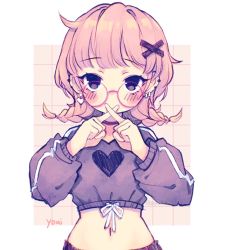 Rule 34 | 1girl, anny (yoai), black shorts, black sweater, blunt bangs, braid, brown hair, commentary, cropped sweater, crossed fingers, drawstring, ear piercing, fingers to mouth, glasses, hair ornament, heart, heart print, highres, long sleeves, marker (medium), midriff, navel, original, piercing, pink-framed eyewear, puffy long sleeves, puffy sleeves, round eyewear, shorts, solo, sweater, traditional media, twin braids, x fingers, x hair ornament