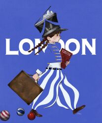 Rule 34 | 1girl, ball, belt, bird, black belt, black footwear, black hat, blending, blue background, braid, briefcase, english text, full body, hat, highres, holding, holding briefcase, original, pants, profile, shoes, signature, solo, striped clothes, striped pants, syooooyoooo, twin braids, twintails, walking