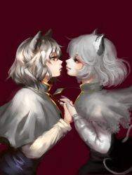 Rule 34 | animal ears, black skirt, closed mouth, dual persona, eye contact, grey hair, holding hands, inishie kumo, interlocked fingers, long sleeves, looking at another, mouse ears, mouse tail, nazrin, one-hour drawing challenge, parted lips, profile, red background, red eyes, simple background, skirt, smile, tail, touhou