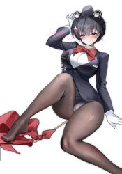 Rule 34 | absurdres, animal ears, black hair, black hat, black jacket, black pantyhose, blue archive, blush, breasts, extra ears, fangwan, garrison cap, gloves, hat, highres, jacket, large breasts, looking at viewer, no halo, no shoes, panties, panties under pantyhose, pantyhose, pantyshot, raccoon ears, shirt, short hair, sitting, tour guide, tsubaki (blue archive), tsubaki (guide) (blue archive), underwear, watermark, white gloves, white panties, white shirt