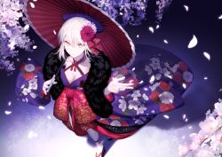 Rule 34 | 1girl, artoria pendragon (all), artoria pendragon (fate), blonde hair, braid, breasts, cherry blossoms, cleavage, collarbone, commentary request, dress, expressionless, falling petals, fate/stay night, fate (series), feather boa, floral print, flower, french braid, from above, fur trim, hair between eyes, hair flower, hair ornament, hair ribbon, highres, holding, holding umbrella, japanese clothes, kimono, long hair, long sleeves, looking at viewer, mashima saki (mashimasa), medium breasts, obi, official alternate costume, oil-paper umbrella, pale skin, petals, purple kimono, red flower, red ribbon, red umbrella, ribbon, saber alter, sandals, sash, short hair, silver hair, socks, solo, standing, umbrella, white flower, white socks, wide sleeves, yellow eyes