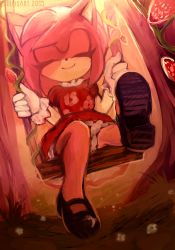 Rule 34 | 1girl, alternate costume, amy rose, animal ears, animal nose, artist name, black footwear, closed eyes, closed mouth, dated, dress, dutch angle, female focus, flower, food, fruit, full body, furry, furry female, gloves, grass, hands up, happy, leg up, lolita fashion, mary janes, outdoors, pink dress, pink hair, plant, shoes, short hair, short sleeves, sitting, smile, solo, sonic (series), spacecolonie, strawberry, sweet lolita, swing, swinging, tree, vines, watermark, white flower, white gloves