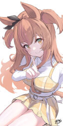Rule 34 | 1girl, absurdres, alternate breast size, animal ears, belt, belt buckle, black bow, blush, bow, breasts, buckle, carrot necklace, casual, commentary request, dress, ear bow, hair between eyes, hair ornament, heart belt, highres, horse ears, horse girl, jewelry, long hair, looking at viewer, mayano top gun (umamusume), medium breasts, nazmocha, necklace, official alternate costume, orange eyes, orange hair, plaid, plaid dress, pointing, pointing at self, signature, sitting, smile, two side up, umamusume, white belt