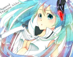 Rule 34 | 1girl, aqua eyes, aqua hair, bad id, bad pixiv id, breasts, center opening, character name, hatsune miku, hatsune miku (append), kujou saku, large breasts, necktie, solo, underboob, vocaloid, vocaloid append