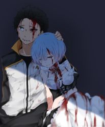 Rule 34 | 10s, 1boy, 1girl, bba1985, black hair, blood, blood from mouth, blood on clothes, blood on face, blue hair, blurry, breasts, brown eyes, closed eyes, crying, crying with eyes open, dark background, depth of field, detached sleeves, dirty, dirty clothes, dress, hair over one eye, hand on another&#039;s head, head on another&#039;s shoulder, highres, jacket, long sleeves, looking to the side, maid, medium breasts, natsuki subaru, re:zero kara hajimeru isekai seikatsu, rem (re:zero), sad, shadow, short hair, single sleeve, sitting, smile, spoilers, sportswear, tears, teeth, torn clothes, track jacket, underbust, white legwear