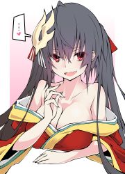 Rule 34 | 1girl, absurdres, ahoge, azur lane, bare shoulders, black hair, breasts, cleavage, collarbone, fang, hair between eyes, heart, highres, japanese clothes, kimono, large breasts, long hair, looking at viewer, mask, mask on head, open mouth, red eyes, red kimono, sakakiba misogi, simple background, spoken heart, taihou (azur lane), very long hair