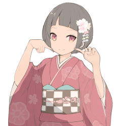 Rule 34 | 1girl, black hair, blunt bangs, brown eyes, character request, copyright request, flower, hair flower, hair ornament, hands up, japanese clothes, kimono, obi, pointing, pointing at self, red kimono, sash, shimada sarasara, short hair, simple background, solo, standing, upper body, white background, wide sleeves