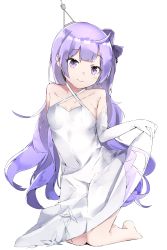Rule 34 | 1girl, absurdres, ahoge, azur lane, bare shoulders, barefoot, black ribbon, blush, breasts, closed mouth, collarbone, commentary request, cotton kanzaki, criss-cross halter, dress, elbow gloves, full body, gloves, hair bun, hair ribbon, halterneck, head tilt, highres, kneeling, long hair, looking at viewer, one side up, purple eyes, purple hair, ribbon, see-through, side bun, simple background, single hair bun, single side bun, skirt hold, small breasts, smile, solo, unicorn (azur lane), very long hair, white background, white dress, white gloves