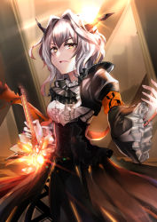 Rule 34 | 1girl, absurdres, arknights, armband, ascot, black ascot, black dress, commentary, dragon horns, dress, frilled dress, frills, grey hair, hair intakes, hand up, highres, holding, holding sword, holding weapon, horns, looking at viewer, material growth, mixed-language commentary, open mouth, oripathy lesion (arknights), reunion logo (arknights), seabread, short hair, solo, standing, sword, talulah (arknights), upper body, weapon
