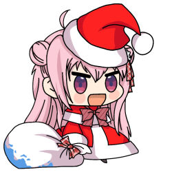 &gt;:d 1girl bag blush chibi code4matt double_bun dress eyebrows gradient_eyes hair_bun hair_ribbon happy_sugar_life hat holding holding_bag long_hair matsuzaka_satou multicolored_eyes open_mouth padoru_(meme) pink_eyes pink_hair red_dress red_ribbon ribbon santa_dress santa_hat smile solo sparkling_eyes spoilers